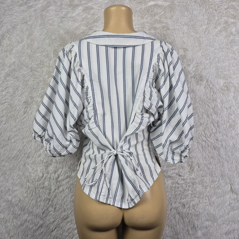 Free People Striped Puff Sleeve‎ V-Neck Tie Back Blouse White Blue Sz M Nautical